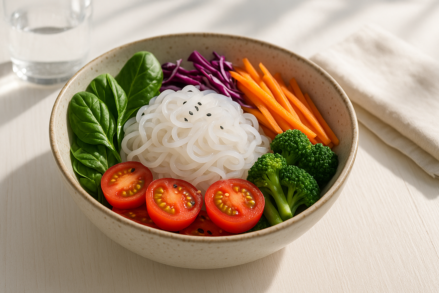 Salade saine avec nouilles de konjac et légumes colorés dans un bol moderne