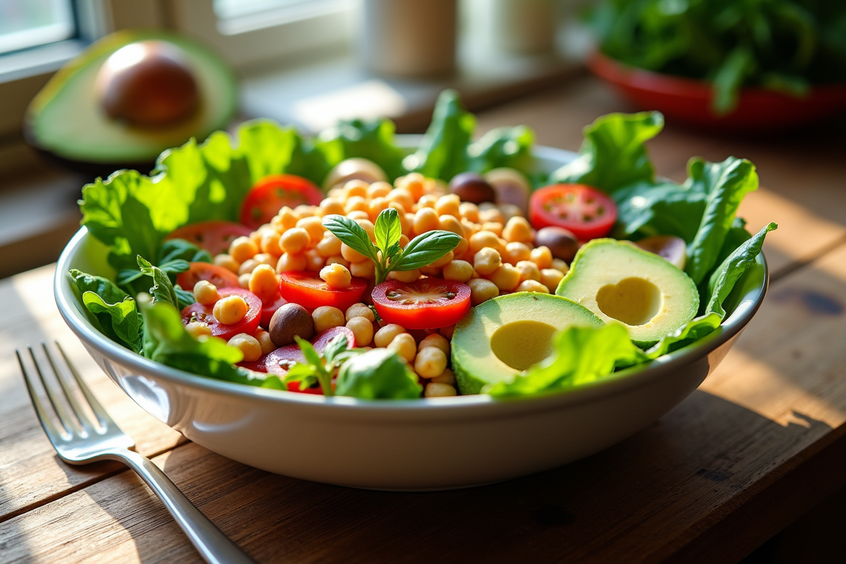 Salade colorée avec légumes et avocat sur table en bois