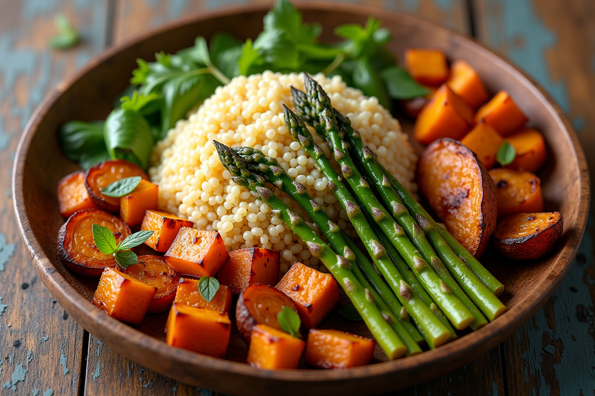 Assiette rustique de salade de couscous et légumes grillés