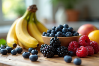 Sélection de fruits frais commençant par B sur une table lumineuse