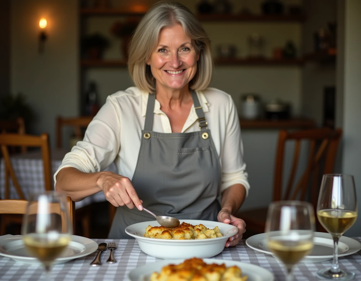 Femme servant une portion de gratin de chou-fleur et pommes de terre à table lors d'un repas en famille