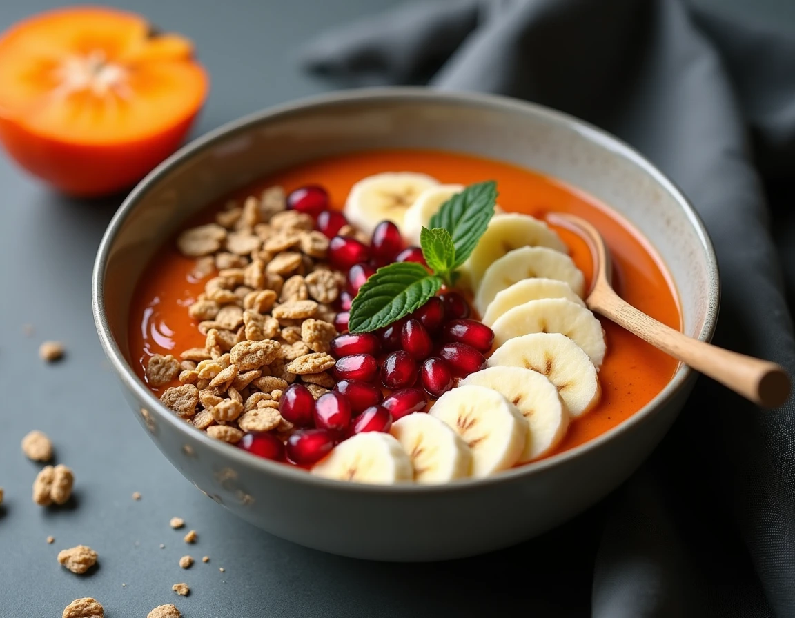 Smoothie bowl au kaki avec granola, grenade et banane sur fond gris béton