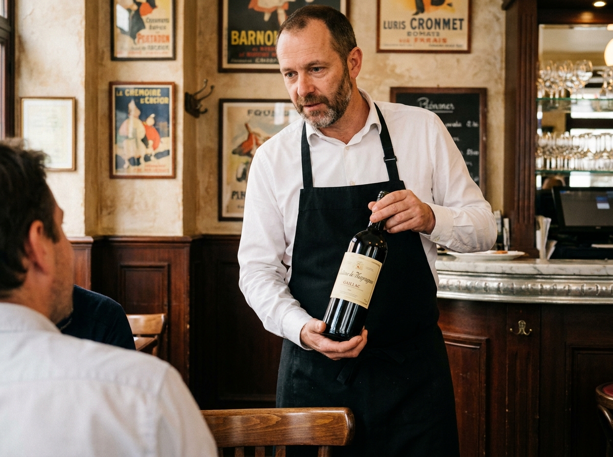 Sommelier présentant une bouteille de vin à un client dans un bistrot gastronomique de Toulouse