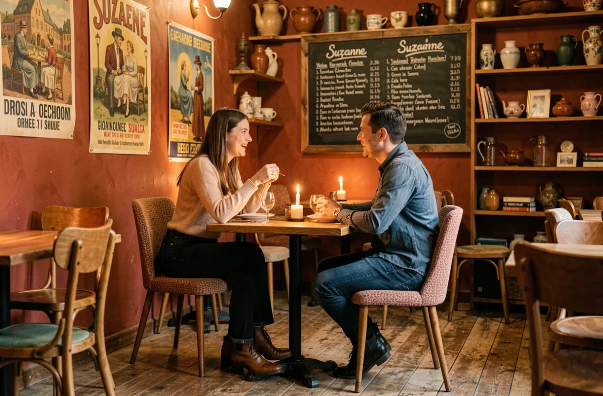 Couple souriant à une table intime au restaurant Suzanne à Lille, dans un cadre de bistrot vintage avec affiches rétro et chaises dépareillées.