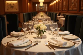 Table dressée pour un anniversaire dans un restaurant étoilé de Lille avec vaisselle fine, verres en cristal et roses blanches