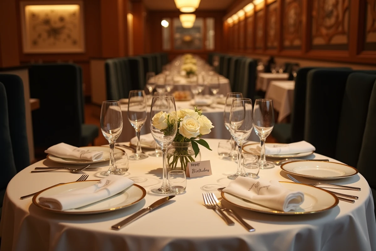 Table dressée pour un anniversaire dans un restaurant étoilé de Lille avec vaisselle fine, verres en cristal et roses blanches