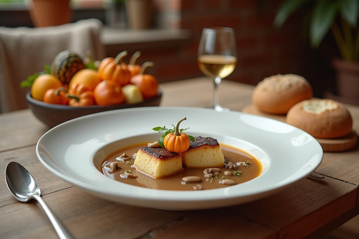 Table automnale dressée avec un bol de paupiette de veau braisée dans une sauce velouté aux champignons et potiron pour un repas élégant