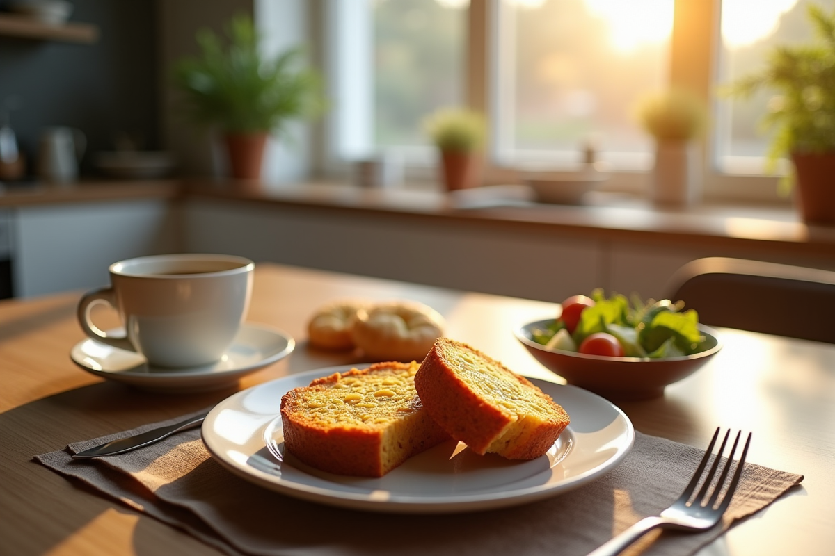 Table de brunch avec parts de gâteau au chorizo et café