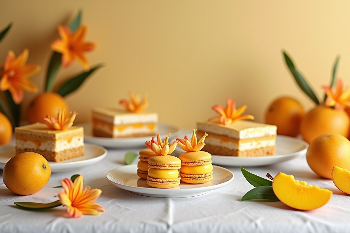 Table élégante avec desserts à la mangue et fleurs colorées