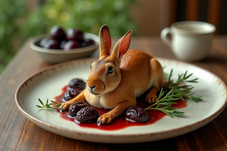 Table rustique avec un lapin aux prunes fraîchement cuit