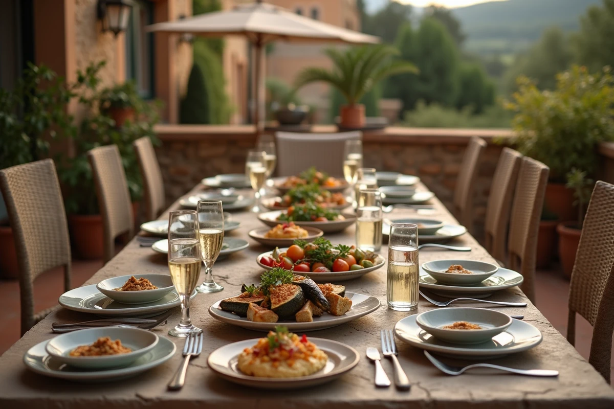 Table de dîner en terrasse avec des plats méditerranéens dont des aubergines farcies, cadre al-fresco rustique du soir