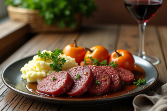 Table rustique avec boudin noir et purée de pommes