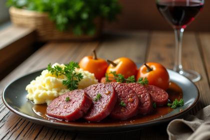 Table rustique avec boudin noir et purée de pommes