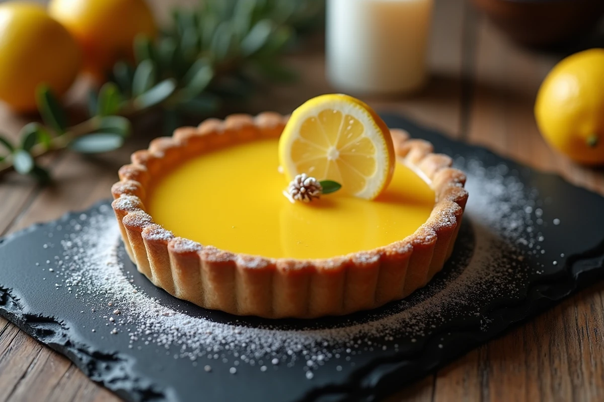 Tarte au citron brillante sur une ardoise avec une tranche caramélisée et sucre glace, décor hivernal