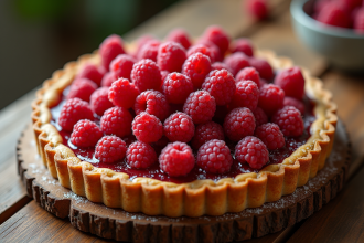 Tarte aux framboises sur une table en bois rustique