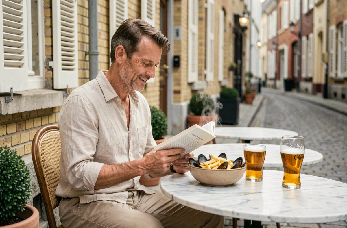 Homme attablé seul en terrasse dans une rue calme de Lille avec moules-frites et bière belge