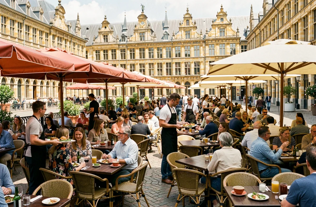 Vue large d'une terrasse animée de restaurant sur la Grand Place de Lille avec parasols et architecture flamande