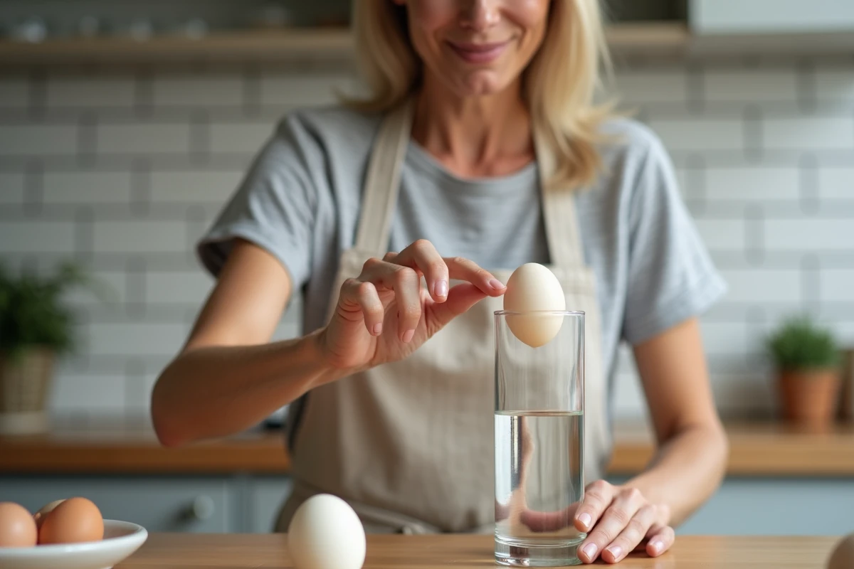 Femme réalisant le test de l'œuf frais dans un verre d'eau dans une cuisine moderne