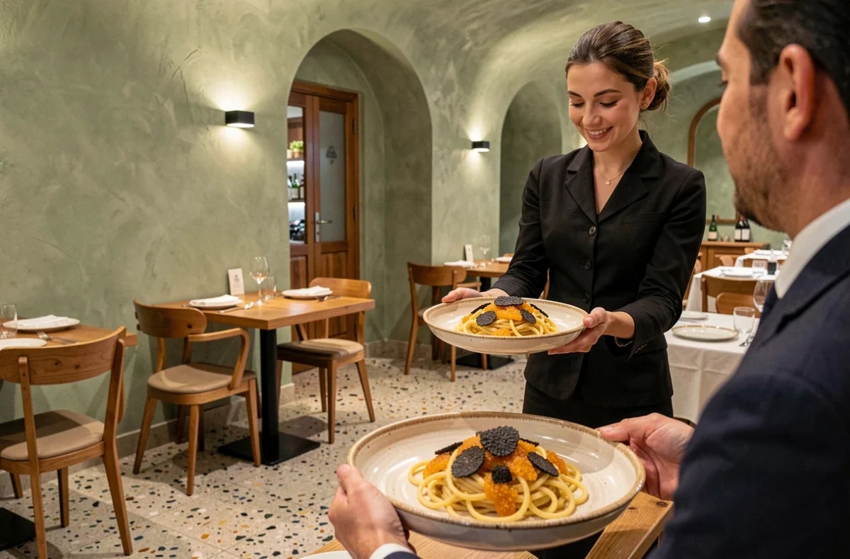 Salle du Timilia Ristorante à Metz avec décor contemporain italien et assiette de pâtes fraîches à la truffe