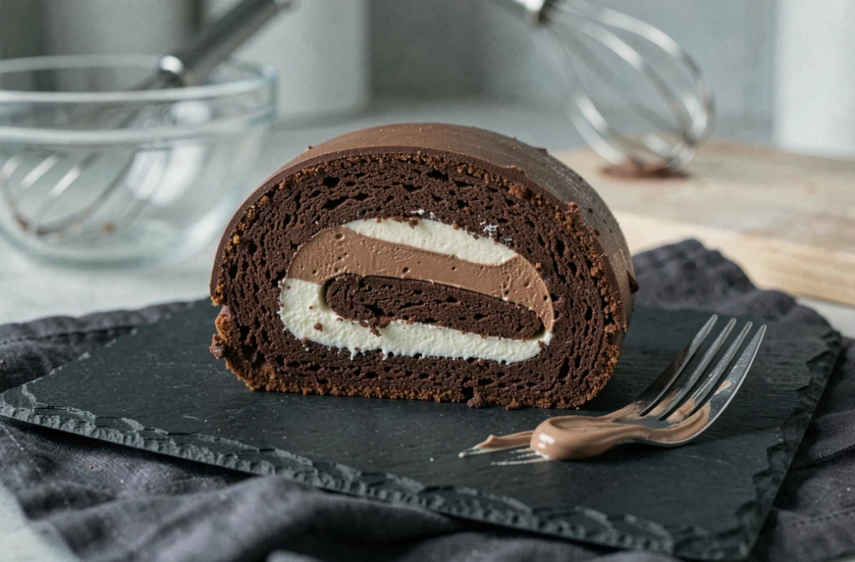 Tranche de bûche aux trois chocolats sur ardoise noire montrant les couches de mousse au chocolat noir, ganache au lait et crème au chocolat blanc