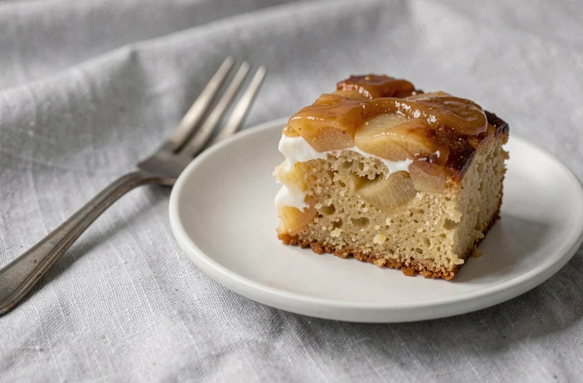 Tranche de gâteau au yaourt et aux pommes caramélisées servie sur une assiette blanche mate avec une fourchette vintage