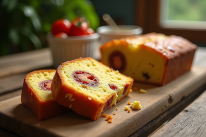 Gâteau moelleux au chorizo et feta tranché sur une table en bois