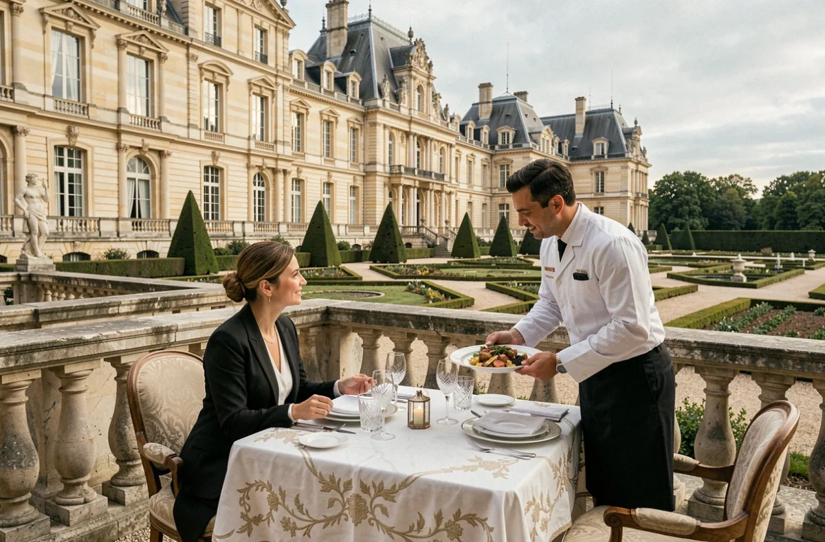 Terrasse gastronomique de La Véranda du Waldorf Astoria Versailles avec vue sur le château