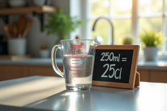 Verre mesureur avec eau à 250 ml sur un plan de travail
