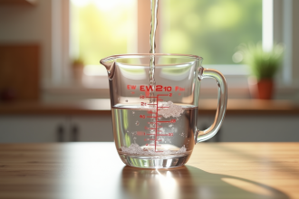 Verre mesureur rempli d'eau sur plan de travail en bois