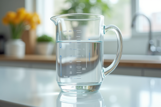 Verre doseur rempli de 400 ml d'eau sur plan de travail lumineux