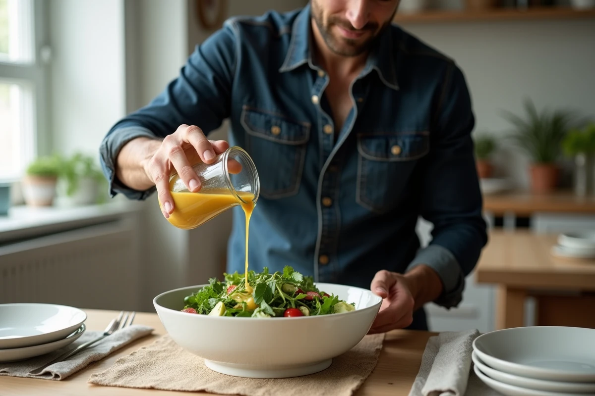 Homme versant une vinaigrette maison sur une salade verte dans un bol en céramique sur une table en bois scandinave