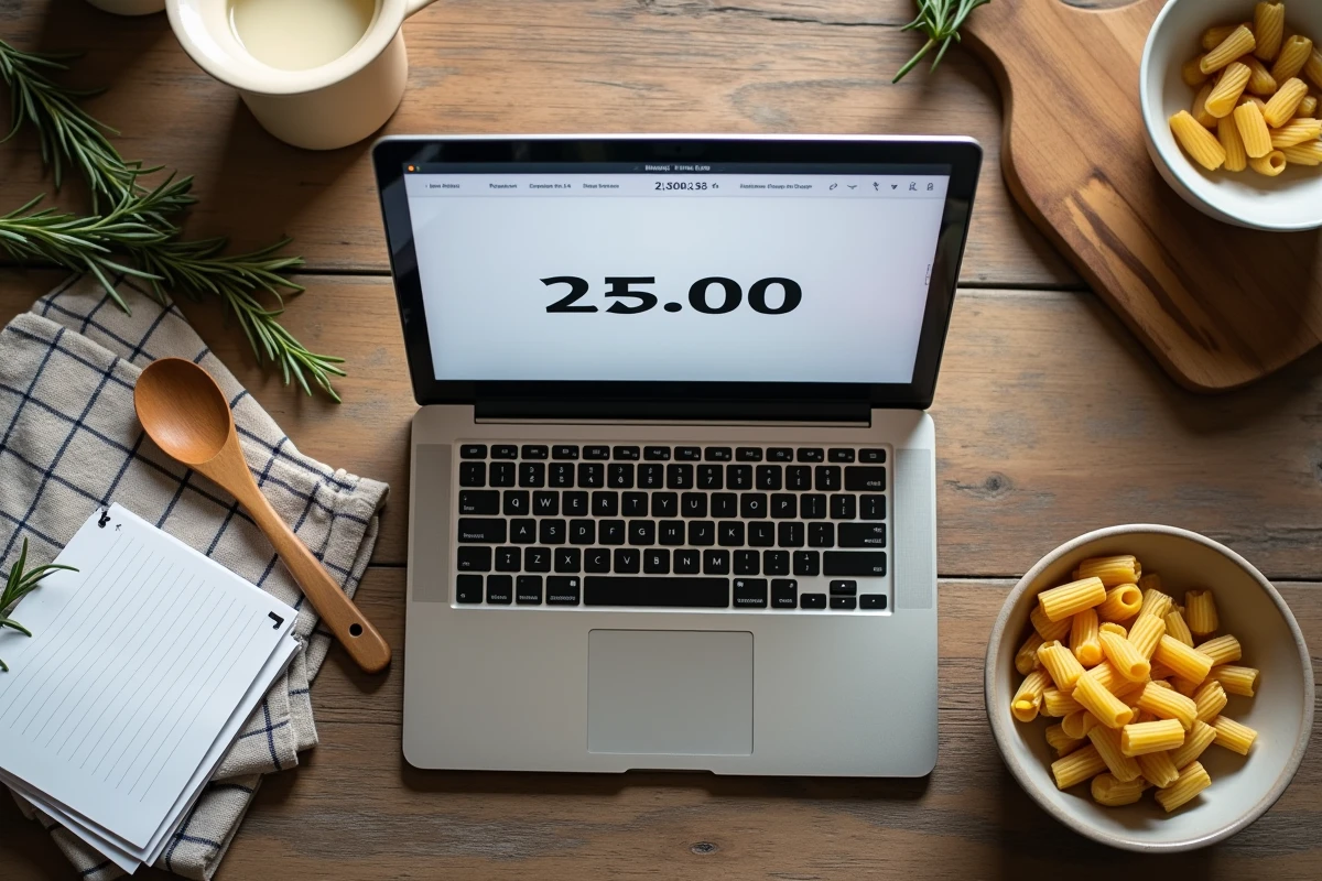 Vue aérienne d'un minuteur cuisson en ligne affiché sur un ordinateur portable entouré d'ingrédients de cuisine rustique