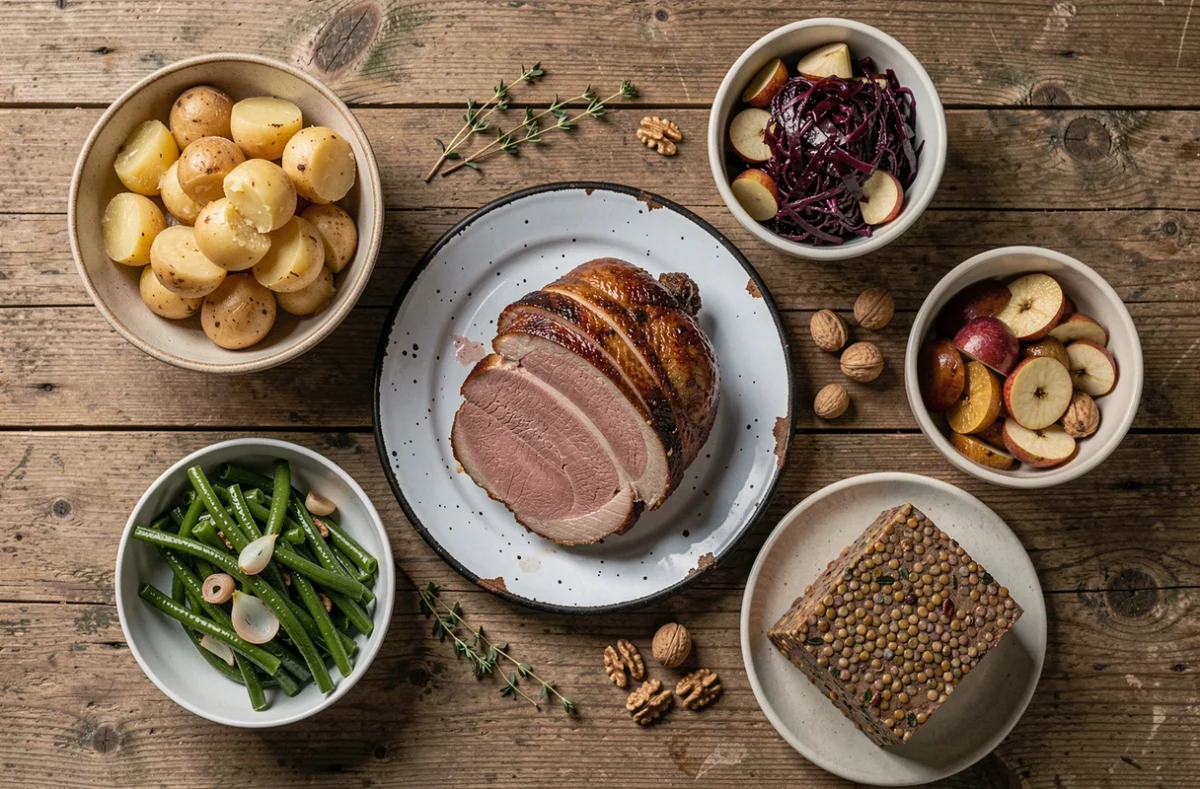 Vue de dessus des accompagnements festifs et économiques pour confit de canard sur table en chêne