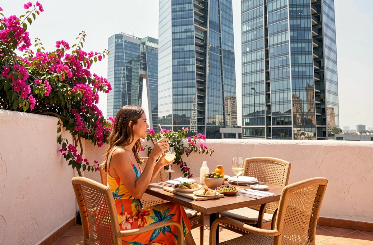 Terrasse méditerranéenne de Yaya La Défense avec bougainvilliers et tours de verre en arrière-plan